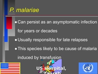 P. malariae
●Can persist as an asymptomatic infection
for years or decades
●Usually responsible for late relapses
●This species likely to be cause of malaria
induced by transfusion
 