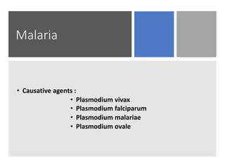 Malaria
• Causative agents :
• Plasmodium vivax
• Plasmodium falciparum
• Plasmodium malariae
• Plasmodium ovale
 