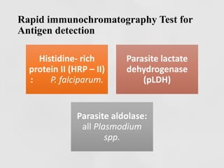 Rapid immunochromatography Test for
Antigen detection
Histidine- rich
protein II (HRP – II)
: P. falciparum.
Parasite lactate
dehydrogenase
(pLDH)
Parasite aldolase:
all Plasmodium
spp.
 