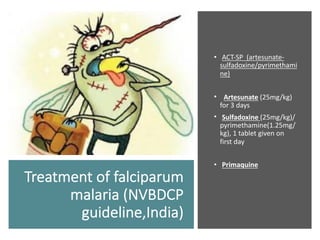 Treatment of falciparum
malaria (NVBDCP
guideline,India)
• ACT-SP (artesunate-
sulfadoxine/pyrimethami
ne)
• Artesunate (25mg/kg)
for 3 days
• Sulfadoxine (25mg/kg)/
pyrimethamine(1.25mg/
kg), 1 tablet given on
first day
• Primaquine
 