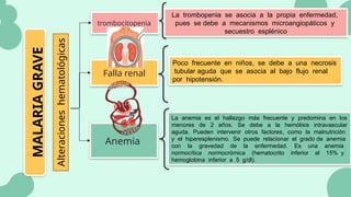 Anemia
Falla renal
trombocitopenia
MALARIA
GRAVE
Alteraciones
hematológicas
La anemia es el hallazgo más frecuente y predomina en los
menores de 2 años. Se debe a la hemólisis intravascular
aguda. Pueden intervenir otros factores, como la malnutrición
y el hiperesplenismo. Se puede relacionar el grado de anemia
con la gravedad de la enfermedad. Es una anemia
normocítica normocrómica (hematocrito inferior al 15% y
hemoglobina inferior a 5 g/dl).
La trombopenia se asocia a la propia enfermedad,
pues se debe a mecanismos microangiopáticos y
secuestro esplénico
Poco frecuente en niños, se debe a una necrosis
tubular aguda que se asocia al bajo flujo renal
por hipotensión.
 