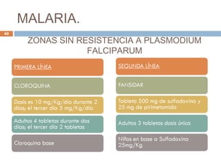 MALARIA.
ZONAS SIN RESISTENCIA A PLASMODIUM
FALCIPARUM
62
 
