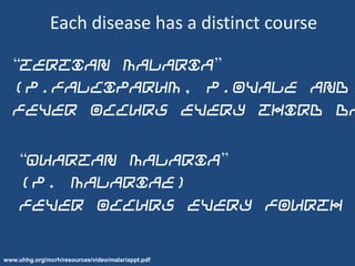 Each disease has a distinct course

   “Tertian Malaria”
   (P.falciparum, P.ovale and
   fever occurs every third da


     “Quartan Malaria”
     (P. malariae)
     fever occurs every fourth


www.uhhg.org/mcrh/resources/video/malariappt.pdf
 