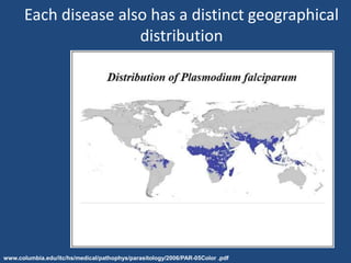 Each disease also has a distinct geographical
                      distribution




www.columbia.edu/itc/hs/medical/pathophys/parasitology/2006/PAR-05Color .pdf
 
