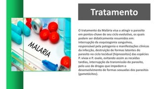 Tratamento
O tratamento da Malária visa a atingir o parasito
em pontos-chave de seu ciclo evolutivo, os quais
podem ser didaticamente resumidos em:
interrupção da esquizogonia sanguínea,
responsável pela patogenia e manifestações clínicas
da infecção, destruição de formas latentes do
parasito no ciclo tecidual (hipnozoítos) das espécies
P. vivax e P. ovale, evitando assim as recaídas
tardias, interrupção da transmissão do parasito,
pelo uso de drogas que impedem o
desenvolvimento de formas sexuadas dos parasitos
(gametócitos).
 