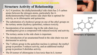 Antimalarial Agents
• At C-4 position, the dialkylaminoalkyl side chain has 2-5 carbon
atoms between the nitrogen atoms, particularly the 4-
diethylaminomethyl butyl amino side chain that is optimal for
activity, as in chloroquine and quinacrine.
• The substitution of a hydroxyl group on one of the ethyl groups on
the tertiary amine (hydroxy quinoline), reduces toxicity.
• Incorporation of an aromatic ring in the side chain (e.g.
amodiaquine) gives a compound with reduced toxicity and activity.
• The tertiary amine in the side chain is important.
• The introduction of an unsaturated bond in the side chain was not
detrimental to activity.
• The 7-chloro group in the quinoline nucleus is optimal, the methyl
group in position 3 reduces activity, and an additional methyl
group in position 8 abolishes activity.
• The D-isomer of chloroquine is less toxic than its L-isomer
Structure Activity of Relationship
Structure of Quinine
 