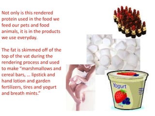 Brains, spinal cords, feathers, hooves, skins, hair, fur, whiskers, bones, teeth, etc. remaining from slaughterhouses