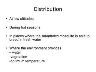 Distribution At low altitudes During hot seasonsIn places where the Anopheles mosquito is able to breed in fresh water Where the environment provides – water	-vegetation	-optimum temperature