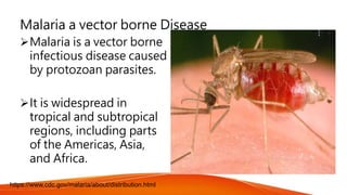 Malaria a vector borne Disease
Malaria is a vector borne
infectious disease caused
by protozoan parasites.
It is widespread in
tropical and subtropical
regions, including parts
of the Americas, Asia,
and Africa.
https://www.cdc.gov/malaria/about/distribution.html
 