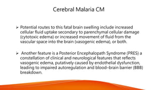 Cerebral Malaria CM
 Potential routes to this fatal brain swelling include increased
cellular fluid uptake secondary to parenchymal cellular damage
(cytotoxic edema) or increased movement of fluid from the
vascular space into the brain (vasogenic edema), or both.
 Another feature is a Posterior Encephalopath Syndrome (PRES) a
constellation of clinical and neurological features that reflects
vasogenic edema, putatively caused by endothelial dysfunction,
leading to impaired autoregulation and blood–brain barrier (BBB)
breakdown.
 