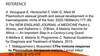REFERENCE
4. Venugopal K, Hentzschel F, Valki G, Marti M.
Plasmodium asexual growth and sexual development in the
haematopoietic niche of the host. 2020;18(March):177–89.
5.The NEW ENGLAND JOURNAL of MEDICINE Pedro L.
Alonso, and Katherine L. O’Brien, A Malaria Vaccine for
Africa — An Important Step in a Century-Long Quest.
6.Welfare S, Malaria N, Programme C. National Guidelines
for Diagnosis and Treatment of Malaria. 2013
• 7. Malaguarnera L Musumeci SThe immune response
to Plasmodium falciparum malaria.Lancet Infect
Dis. 2002; 2: 472-478
 