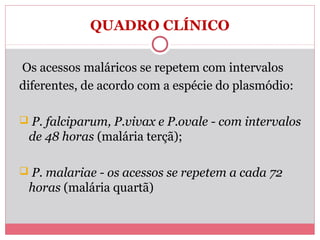QUADRO CLÍNICO
Os acessos maláricos se repetem com intervalos
diferentes, de acordo com a espécie do plasmódio:
 P. falciparum, P.vivax e P.ovale - com intervalos

de 48 horas (malária terçã);
 P. malariae - os acessos se repetem a cada 72

horas (malária quartã)

 