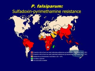 P. falsiparum:
Sulfadoxin-pyrimethamine resistance




          Countries with at least one study indicating sulfadoxine-pyrimethamine total failure rate > 20%
          Countries with at least one study indicating sulfadoxine-pyrimethamine total failure rate > 10%
          Sulfadoxine-pyrimethamine total failure rate < 10%
          No failure reported
          No recent data available
 