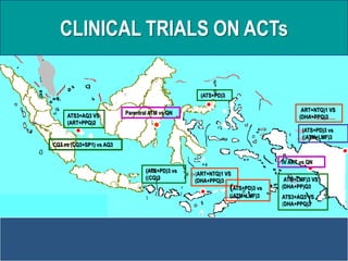 CLINICAL TRIALS ON ACTs

                                                   (ATS+PD)3

                                                                                    (ART+NTQ)1 VS
                          Parentral ATM vs QN
     ATS3+AQ3 VS                                                                    (DHA+PPQ)3
     (ART+PPQ)2
                                                                                     (ATS+PD)3 vs
                                                                                     ((ATM+LMF)3
CQ3 vs (CQ3+SP1) vs AQ3


                                                                              IV ART vs QN
                                  (ATS+PD)3 vs
                                                 (ART+NTQ)1 VS
                                  ((CQ)3                                      (ATM+LMF)3 VS
                                                 (DHA+PPQ)3
                                                               (ATS+PD)3 vs   (DHA+PP)Q3
                                                               ((ATM+LMF)3    ATS3+AQ3 VS
                                                                              (DHA+PPQ)3
 