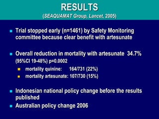 RESULTS
                (SEAQUAMAT Group, Lancet, 2005)

   Trial stopped early (n=1461) by Safety Monitoring
    committee because clear benefit with artesunate

   Overall reduction in mortality with artesunate 34.7%
    (95%CI 19-48%) p=0.0002
       mortality quinine: 164/731 (22%)
       mortality artesunate: 107/730 (15%)

   Indonesian national policy change before the results
    published
   Australian policy change 2006
 