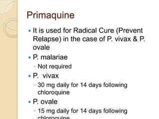 Primaquine
It is used for Radical Cure (Prevent
Relapse) in the case of P. vivax & P.
ovale
 P. malariae


◦ Not required


P. vivax
◦ 30 mg daily for 14 days following
chloroquine



P. ovale
◦ 15 mg daily for 14 days following

 