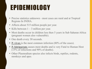 EPIDEMIOLOGY
• Precise statistics unknown - most cases are rural and at Tropical
Regions In INDIA.
• Affects about 515 million people per year.
• Kills between 1 – 3 million per year.
• Most deaths occur in children less then 5 years in Sub Saharan Africa
(pregnant women also vulnerable).
• One death every 30 seconds.
• P. vivax is the most common infection (80% of the cases).
• P. falciparum causes most deaths and is very Fatal to Human Host
(15% of infections and 90% of deaths).
• Other Plasmodium species also infects birds, reptiles, rodents,
monkeys and apes.
 