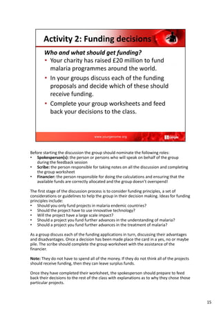Before starting the discussion the group should nominate the following roles:
• Spokesperson(s): the person or persons who will speak on behalf of the group
during the feedback session
• Scribe: the person responsible for taking notes on all the discussion and completing
the group worksheet
• Financier: the person responsible for doing the calculations and ensuring that the
available funds are correctly allocated and the group doesn’t overspend!
The first stage of the discussion process is to consider funding principles, a set of
considerations or guidelines to help the group in their decision making. Ideas for funding
principles include:
• Should you only fund projects in malaria endemic countries?
• Should the project have to use innovative technology?
• Will the project have a large scale impact?
• Should a project you fund further advances in the understanding of malaria?
• Should a project you fund further advances in the treatment of malaria?
As a group discuss each of the funding applications in turn, discussing their advantages
and disadvantages. Once a decision has been made place the card in a yes, no or maybe
pile. The scribe should complete the group worksheet with the assistance of the
financier.
Note: They do not have to spend all of the money. If they do not think all of the projects
should receive funding, then they can leave surplus funds.
Once they have completed their worksheet, the spokesperson should prepare to feed
back their decisions to the rest of the class with explanations as to why they chose those
particular projects.
15
 