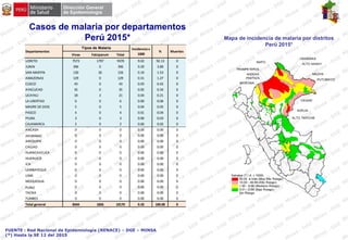 FUENTE : Red Nacional de Epidemiología (RENACE) – DGE – MINSA
(*) Hasta la SE 12 del 2015
Mapa de incidencia de malaria por distritos
Perú 2015*
Casos de malaria por departamentos
Perú 2015*
Vivax Falciparum Total
LORETO 7573 1797 9370 9.02 92.13 0
JUNIN 396 0 396 0.29 3.89 0
SAN MARTIN 130 26 156 0.19 1.53 0
AMAZONAS 129 0 129 0.31 1.27 0
CUSCO 43 0 43 0.03 0.42 0
AYACUCHO 35 0 35 0.05 0.34 0
UCAYALI 18 3 21 0.04 0.21 0
LA LIBERTAD 6 0 6 0.00 0.06 0
MADRE DE DIOS 5 0 5 0.04 0.05 0
PASCO 4 0 4 0.01 0.04 0
PIURA 3 0 3 0.00 0.03 0
CAJAMARCA 2 0 2 0.00 0.02 0
ANCASH 0 0 0 0.00 0.00 0
APURIMAC 0 0 0 0.00 0.00 0
AREQUIPA 0 0 0 0.00 0.00 0
CALLAO 0 0 0 0.00 0.00 0
HUANCAVELICA 0 0 0 0.00 0.00 0
HUANUCO 0 0 0 0.00 0.00 0
ICA 0 0 0 0.00 0.00 0
LAMBAYEQUE 0 0 0 0.00 0.00 0
LIMA 0 0 0 0.00 0.00 0
MOQUEGUA 0 0 0 0.00 0.00 0
PUNO 0 0 0 0.00 0.00 0
TACNA 0 0 0 0.00 0.00 0
TUMBES 0 0 0 0.00 0.00 0
Total general 8344 1826 10170 0.33 100.00 0
Departamentos
Tipos de Malaria Incidencia x
1000
% Muertes
 