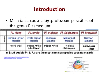 Introduction
• Malaria is caused by protozoan parasites of
the genus Plasmodium
https://www.moh.gov.sa/Ministry/MediaCenter/Public
ations/Documents/2018-07-29-002.pdf
 