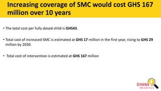 Increasing coverage of SMC would cost GHS 167
million over 10 years
• The total cost per fully dosed child is GHS43.
• Total cost of increased SMC is estimated at GHS 17 million in the first year, rising to GHS 29
million by 2030.
• Total cost of intervention is estimated at GHS 167 million
 