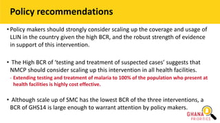 • Policy makers should strongly consider scaling up the coverage and usage of
LLIN in the country given the high BCR, and the robust strength of evidence
in support of this intervention.
• The High BCR of ‘testing and treatment of suspected cases’ suggests that
NMCP should consider scaling up this intervention in all health facilities.
- Extending testing and treatment of malaria to 100% of the population who present at
health facilities is highly cost effective.
• Although scale up of SMC has the lowest BCR of the three interventions, a
BCR of GHS14 is large enough to warrant attention by policy makers.
Policy recommendations
 