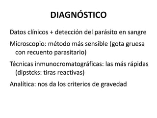 DIAGNÓSTICO Datos clínicos + detección del parásito en sangre Microscopio: método más sensible (gota gruesa con recuento parasitario) Técnicas inmunocromatográficas: las más rápidas (dipstcks: tiras reactivas) Analítica: nos da los criterios de gravedad 