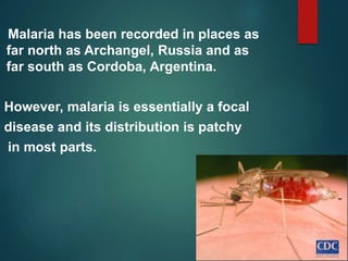 Malaria has been recorded in places as
far north as Archangel, Russia and as
far south as Cordoba, Argentina.
However, malaria is essentially a focal
disease and its distribution is patchy
in most parts.
 