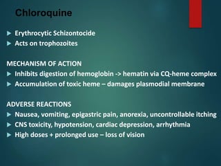 Chloroquine
 Erythrocytic Schizontocide
 Acts on trophozoites
MECHANISM OF ACTION
 Inhibits digestion of hemoglobin -> hematin via CQ-heme complex
 Accumulation of toxic heme – damages plasmodial membrane
ADVERSE REACTIONS
 Nausea, vomiting, epigastric pain, anorexia, uncontrollable itching
 CNS toxicity, hypotension, cardiac depression, arrhythmia
 High doses + prolonged use – loss of vision
 