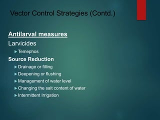 Vector Control Strategies (Contd.)
Antilarval measures
Larvicides
 Temephos
Source Reduction
 Drainage or filling
 Deepening or flushing
 Management of water level
 Changing the salt content of water
 Intermittent Irrigation
 