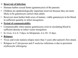  Reservoir of infection
• Humans harbor sexual forms (gametocytes) of the parasite.
• Children are epidemiologically important reservoir because they are more
likely to be gametocyte carriers than adults
• Reservoir must harbor both sexes of mature, viable gametocyte in his blood
in sufficient quantity to infect mosquitoes
 Period of communicability
• Communicable when mature gametocytes exist in circulating blood in
sufficient density to infect vector mosquitoes
• In vivax, it is 4- 5 days; in falciparum, it is 10- 12 days
 Relapses
• Vivax and ovale malaria relapse more than 3 years after patient's first attack.
• Relapses in P. falciparum and P. malariae infections is due to persistent
erythrocytic schizogony.
 