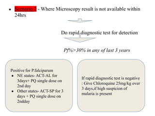 ● Scenario 2 - Where Microscopy result is not available within
24hrs
Do rapid diagnostic test for detection
Pf%>30% in any of last 3 years
Positive for P.falciparum
● NE states- ACT-AL for
3days+ PQ single dose on
2nd day
● Other states- ACT-SP for 3
days + PQ single dose on
2ndday
If rapid diagnostic test is negative
: Give Chloroquine 25mg/kg over
3 days,if high suspicion of
malaria is present
 