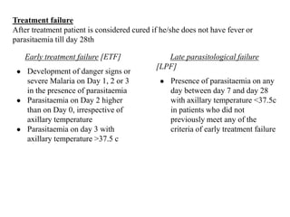 Treatment failure
After treatment patient is considered cured if he/she does not have fever or
parasitaemia till day 28th
Early treatment failure [ETF]
● Development of danger signs or
severe Malaria on Day 1, 2 or 3
in the presence of parasitaemia
● Parasitaemia on Day 2 higher
than on Day 0, irrespective of
axillary temperature
● Parasitaemia on day 3 with
axillary temperature >37.5 c
Late parasitological failure
[LPF]
● Presence of parasitaemia on any
day between day 7 and day 28
with axillary temperature <37.5c
in patients who did not
previously meet any of the
criteria of early treatment failure
 
