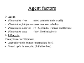 Agent factors
 Agent:
• Plasmodium vivax (most common in the world)
• Plasmodium falciparum (most common in India)
• Plasmodium malariae (< 1% of India- Tumkur and Hassan)
• Plasmodium ovale (rare- Tropical Africa)
 Life cycle:
Two cycles of development:
• Asexual cycle in human (intermediate host)
• Sexual cycle in mosquito (definitive host)
 