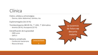 Clínica
Fiebre, cefalea y artromialgias
◦ Diarrea, dolor abdominal, vómitos, tos
Esplenomegalia (16-33 %)
Trombocitopenia (80-85 %), ↑ LDH, ↑ bilirrubina
◦ Anemia (30 %), leucopenia (22 %)
Estratificación de la gravedad
◦ OMS score
◦ SAPS-II
Malaria complicada
◦ Coinfección bacteriana
◦ Rotura de bazo
La ausencia
de fiebre no
descarta
malaria
Leucocitosi
s
 