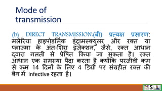 Mode of
transmission
(b) DIRECT TRANSMISSION:(बी) प्रत्यक्ष प्रसािण:
मलेरिया हाइपोिममवक इंट्ामस्क्युलि औि िक्त या
प्लाज्मा क
े अंतःमशिा इंजेक्शन, जैसे, िक्त आधान
द्िािा गलती से प्रेवित फकया जा सकता है। िक्त
आधान एक समस्या पैदा किता है क्योंफक पिजीिी कम
से कम 14 टदनों क
े मलए 4 डिग्री पि संग्रहीत िक्त की
बैग में infective िहता है।
 