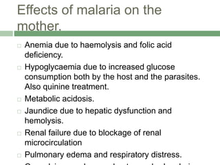 Effects of malaria on the
mother.
 Anemia due to haemolysis and folic acid
deficiency.
 Hypoglycaemia due to increased glucose
consumption both by the host and the parasites.
Also quinine treatment.
 Metabolic acidosis.
 Jaundice due to hepatic dysfunction and
hemolysis.
 Renal failure due to blockage of renal
microcirculation
 Pulmonary edema and respiratory distress.
 