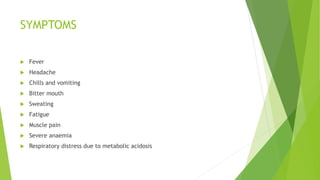 SYMPTOMS
 Fever
 Headache
 Chills and vomiting
 Bitter mouth
 Sweating
 Fatigue
 Muscle pain
 Severe anaemia
 Respiratory distress due to metabolic acidosis
 