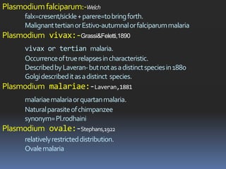 Plasmodium falciparum:-Welch
      falx=cresent/sickle + parere=to bring forth.
      Malignant tertian or Estivo-autumnal or falciparum malaria
Plasmodium vivax:-Grassi&Feletti,1890
      vivax or tertian malaria.
      Occurrence of true relapses in characteristic.
      Described by Laveran- but not as a distinct species in 1880
      Golgi described it as a distinct species.
Plasmodium malariae:-Laveran,1881
      malariae malaria or quartan malaria.
      Natural parasite of chimpanzee
      synonym= Pl.rodhaini
Plasmodium ovale:-Stephans,1922
      relatively restricted distribution.
      Ovale malaria
 