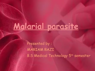 Malarial parasite Presented by : MARIAM RAZI B.S Medical Technology 5 th  semester 