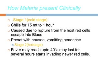 How Malaria present Clinically
 Stage 1(cold stage)
 Chills for 15 mt to 1 hour
 Caused due to rupture from the host red cells
escape into Blood
 Preset with nausea, vomitting,headache
 Stage 2(hotstage)
 Fever may reach upto 400c may last for
several hours starts invading newer red cells.
 