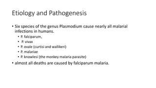 Etiology and Pathogenesis
• Six species of the genus Plasmodium cause nearly all malarial
infections in humans.
• P. falciparum,
• P. vivax
• P. ovale (curtisi and wallikeri)
• P. malariae
• P. knowlesi (the monkey malaria parasite)
• almost all deaths are caused by falciparum malaria.
 
