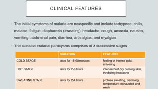 CLINICAL FEATURES
• The initial symptoms of malaria are nonspecific and include tachypnea, chills,
malaise, fatigue, diaphoresis (sweating), headache, cough, anorexia, nausea,
vomiting, abdominal pain, diarrhea, arthralgias, and myalgias
• The classical malarial paroxysms comprises of 3 successive stages-
DURATION FEATURES
COLD STAGE lasts for 15-60 minutes feeling of intense cold,
shivering
HOT STAGE lasts for 2-6 hours intense heat,dry burning skin,
throbbing headache
SWEATING STAGE lasts for 2-4 hours profuse sweating, declining
temperature, exhausted and
weak
 