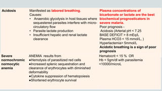 Acidosis Manifested as labored breathing.
Causes:
• Anaerobic glycolysis in host tissues where
sequestered parasites interfere with micro-
circulatory flow
• Parasite lactate production
• Insufficient hepatic and renal lactate
clearance
Plasma concentrations of
bicarbonate or lactate are the best
biochemical prognosticators in
severe malaria.
Poor prognosis -
Acidosis (Arterial pH < 7.25
BASE DEFICIT > 8 mEq/L
Plasma HCO3 < 15 mmol/L, )
Hyperlactemia> 5mmol/L
Acidotic breathing is a sign of poor
prognosis
Severe
normochromic
normocytic
anemia
ANEMIA results from
●Hemolysis of parasitized red cells
●Increased splenic sequestration and
clearance of erythrocytes with diminished
deformability
●Cytokine suppression of hematopoiesis
●Shortened erythrocyte survival
Hematocrit < 15 % OR
Hb < 5gm/dl with parasitemia
<10000/microL
 