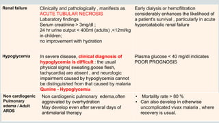 Renal failure Clinically and pathologically , manifests as
ACUTE TUBULAR NECROSIS
Labaratory findings
Serum creatinine > 3mg/dl ;
24 hr urine output < 400ml (adults) ,<12ml/kg
in children;
no improvement with hydration
Early dialysis or hemofiltration
considerably enhances the likelihood of
a patient's survival , particularly in acute
hypercatabolic renal failure
Hypoglycemia In severe disease, clinical diagnosis of
hypoglycemia is difficult : the usual
physical signs( sweating,goose flesh,
tachycardia) are absent , and neurologic
impairment caused by hypoglycemia cannot
be distinguished from that caused by malaria
Qunine - Hypoglycemia
Plasma glucose < 40 mg/dl indicates
POOR PROGNOSIS
Non cardiogenic
Pulmonary
edema / Adult
ARDS
Non cardiogenic pulmonary edema,often
aggravated by overhydration
May develop even after several days of
antimalarial therapy
• Mortality rate > 80 %
• Can also develop in otherwise
uncomplicated vivax malaria , where
recovery is usual.
 