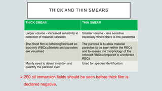 THICK AND THIN SMEARS
THICK SMEAR THIN SMEAR
Larger volume - increased sensitivity in
detection of malarial parasites
Smaller volume - less sensitive
especially where there is low paratemia
The blood film is dehemoglobinised so
that only WBCs,platelets and parasites
are visualised
The purpose is to allow malarial
parasites to be seen within the RBCs
and to assess the morphology of the
infected RBCs compared to uninfected
RBCs
Mainly used to detect infection and
quantify the parasite load.
Used for species identification
200 oil immersion fields should be seen before thick film is
declared negative.
 