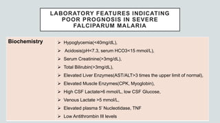 LABORATORY FEATURES INDICATING
POOR PROGNOSIS IN SEVERE
FALCIPARUM MALARIA
Biochemistry  Hypoglycemia(<40mg/dL),
 Acidosis(pH<7.3, serum HCO3<15 mmol/L),
 Serum Creatinine(>3mg/dL),
 Total Bilirubin(>3mg/dL),
 Elevated Liver Enzymes(AST/ALT>3 times the upper limit of normal),
 Elevated Muscle Enzymes(CPK, Myoglobin),
 High CSF Lactate>6 mmol/L, low CSF Glucose,
 Venous Lactate >5 mmol/L,
 Elevated plasma 5’ Nucleotidase, TNF
 Low Antithrombin III levels
 