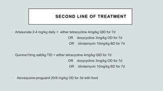 SECOND LINE OF TREATMENT
• Artesunate 2-4 mg/kg daily + either tetracycline 4mg/kg QID for 7d
OR doxycycline 3mg/kg OD for 7d
OR clindamycin 10mg/kg BD for 7d
• Quinine10mg salt/kg TID + either tetracycline 4mg/kg QID for 7d
OR doxycycline 3mg/kg OD for 7d
OR clindamycin 10mg/kg BD for 7d
• Atovaquone-proguanil 20/8 mg/kg OD for 3d with food
 
