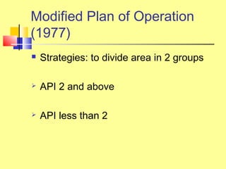  Strategies: to divide area in 2 groups
 API 2 and above
 API less than 2
Modified Plan of Operation
(1977)
 