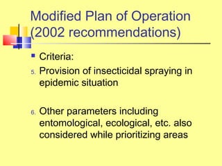  Criteria:
5. Provision of insecticidal spraying in
epidemic situation
6. Other parameters including
entomological, ecological, etc. also
considered while prioritizing areas
Modified Plan of Operation
(2002 recommendations)
 